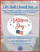 Mayor Hopkins Reminder: City Hall Closed Nov. 11, Veterans Day